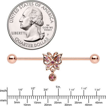 14 Gauge Pink CZ Gem Rose Gold Tone Butterfly Industrial Barbell 38mm