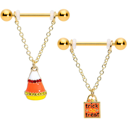 14 Gauge 9/16 Gold Tone Candy Corn Halloween Dangle Nipple Ring Set