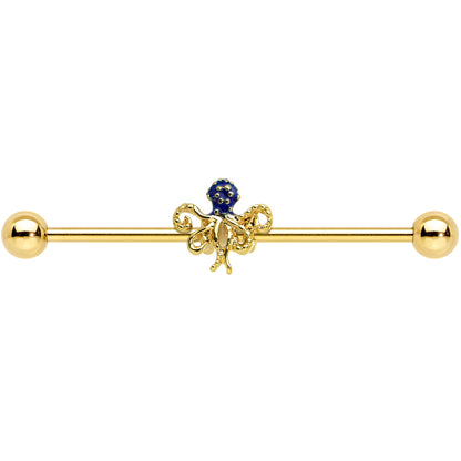 14 Gauge Gold Tone Textured Blue Octopus Industrial Barbell 38mm