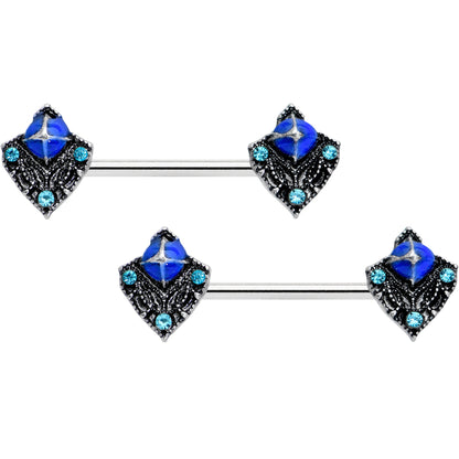 14 Gauge 9/16 Blue Gem Rococo Blues Barbell Nipple Ring Set