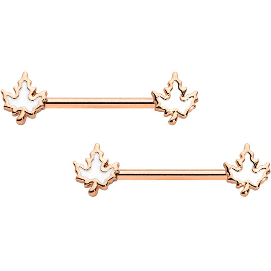 14 Gauge 9/16 Rose Gold Tone Fall White Maple Leaf Nipple Ring Set