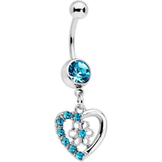 Blue Gem Floral Hollow Heart Valentines Day Dangle Belly Ring