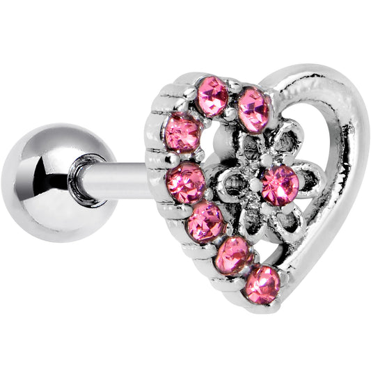 16 Gauge 1/4 Pink Gem Floral Hollow Heart Cartilage Tragus Earring