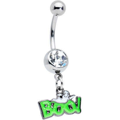 Clear Gem Green Boo Ghost Halloween Dangle Belly Ring