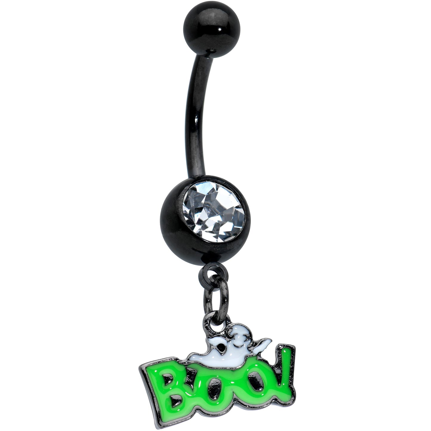 Clear Gem Black Green No2 Boo Ghost Halloween Dangle Belly Ring