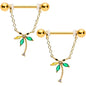 14 Gauge 9/16 Green Gem Gold Hue Palm Tree Chain Dangle Nipple Ring Set