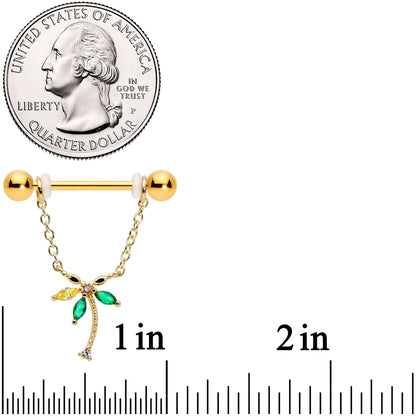 14 Gauge 9/16 Green Gem Gold Hue Palm Tree Chain Dangle Nipple Ring Set