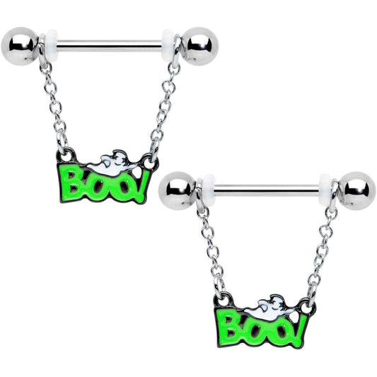 14 Gauge 5/8 Green Boo Smile Ghost Halloween Dangle Nipple Ring Set