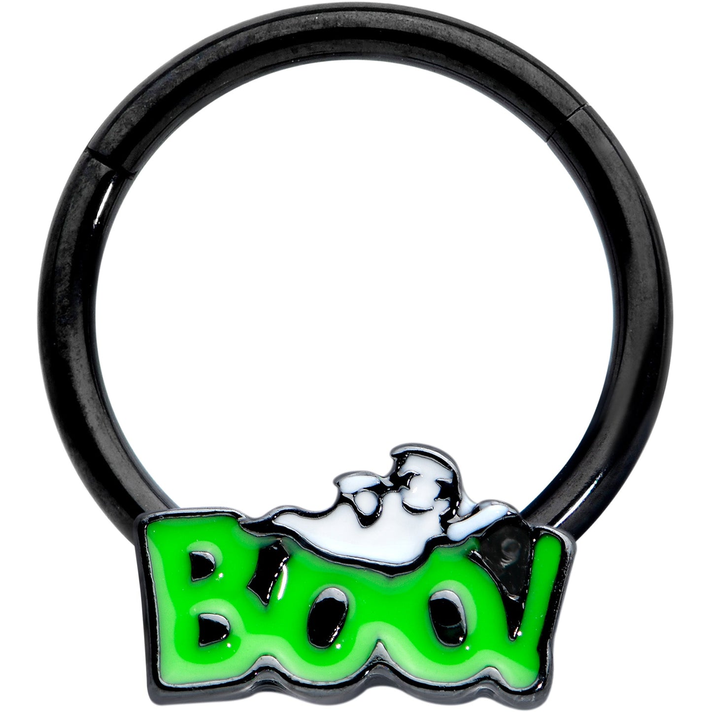 16 Gauge 3/8 Black Green Boo Smile Ghost Halloween Hinged Segment Ring