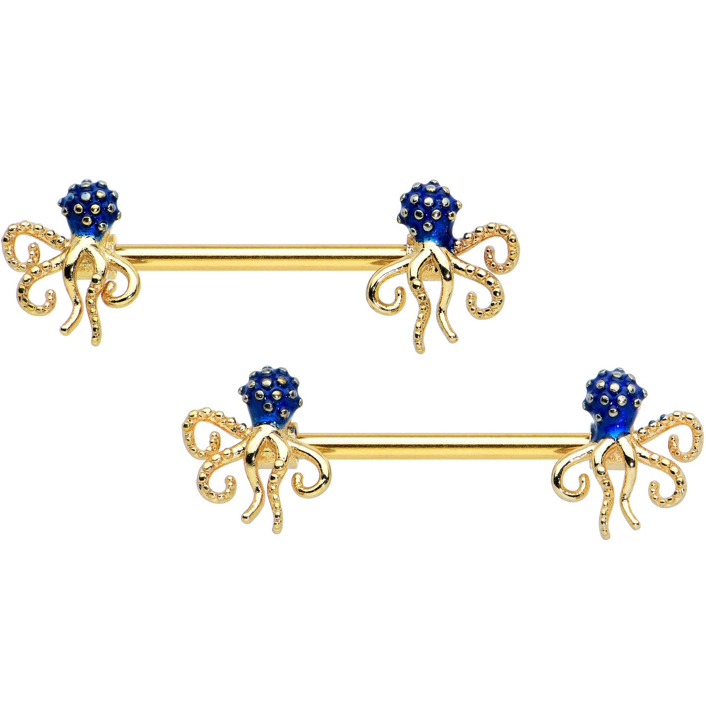 14 Gauge 9/16 Gold Tone Textured Blue Octopus Barbell Nipple Ring Set