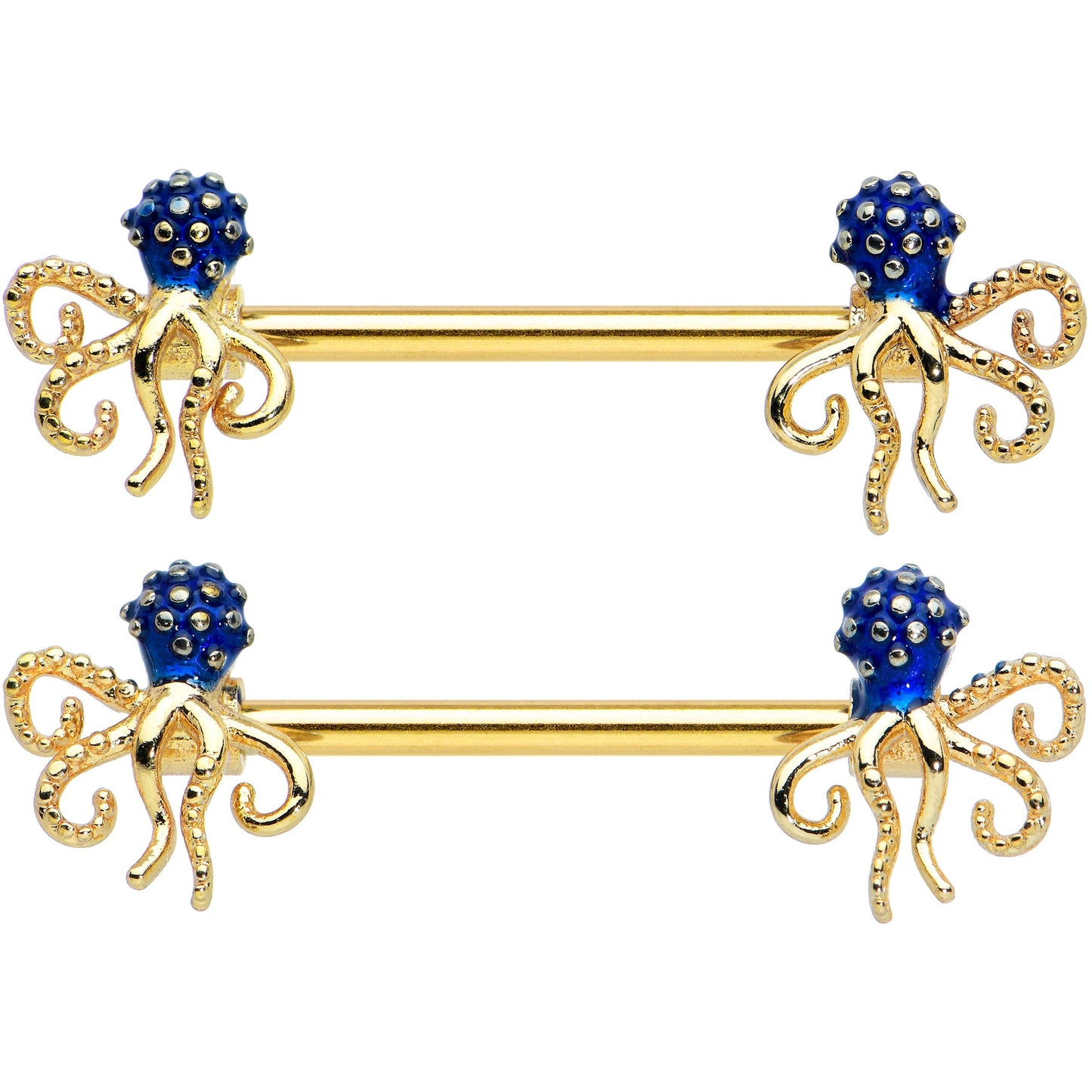 14 Gauge 9/16 Gold Tone Textured Blue Octopus Barbell Nipple Ring Set