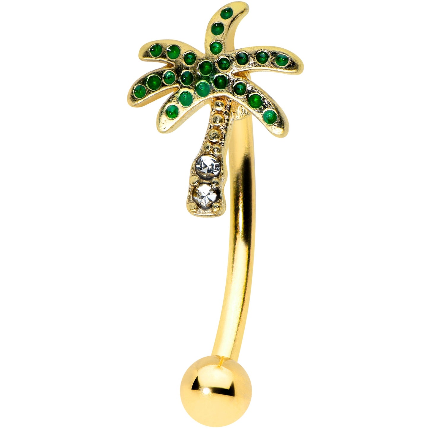 16 Gauge 5/16 Green Gem Gold Tone Retro Palm Tree Curved Eyebrow Ring