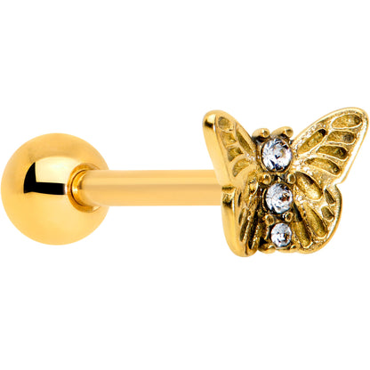 Clear CZ Gem Gold Tone Open Butterfly Barbell Tongue Ring