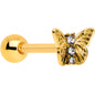 Clear CZ Gem Gold Tone Open Butterfly Barbell Tongue Ring