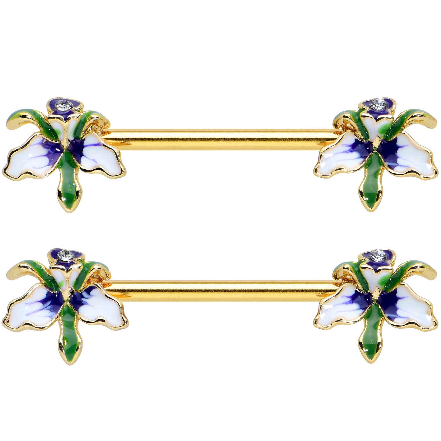 14 Gauge 9/16 Clear Gem Gold Tone Iris Flower Barbell Nipple Ring Set