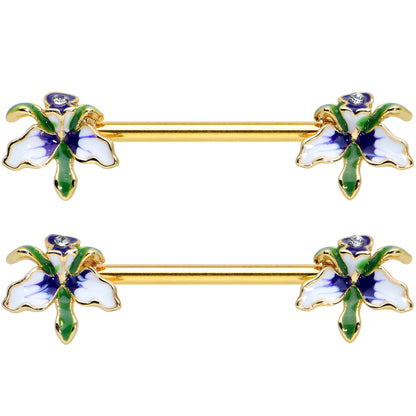 14 Gauge 9/16 Clear Gem Gold Tone Iris Flower Barbell Nipple Ring Set