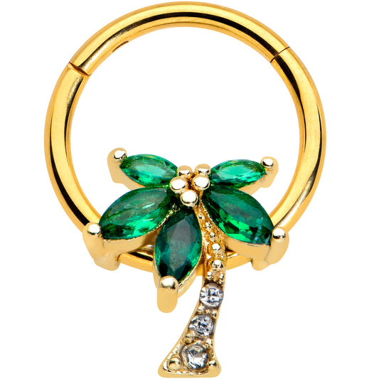 16 Gauge 3/8 Green Gem Gold Tone Palm Tree Hinged Segment Ring