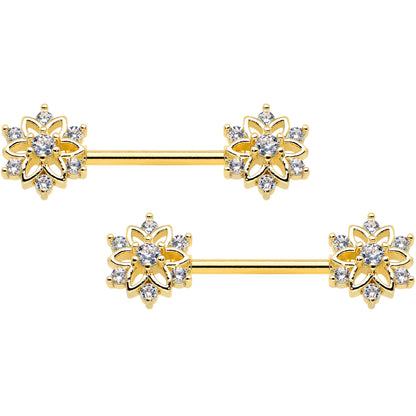 14 Gauge 9/16 Clear Gem Gold Tone Flower Snowflake Christmas Nipple Ring Set