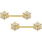 14 Gauge 9/16 Clear Gem Gold Tone Flower Snowflake Christmas Nipple Ring Set