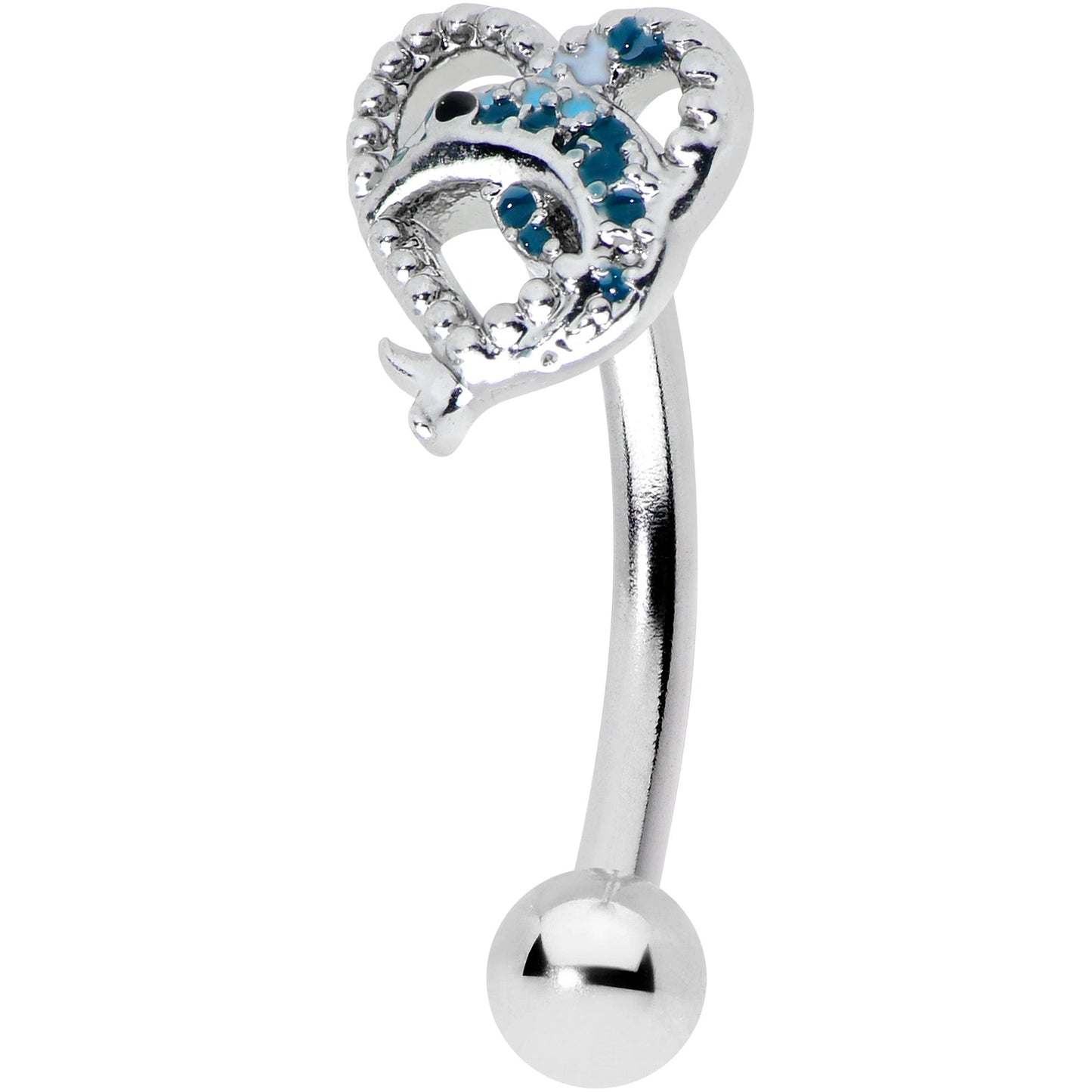 16 Gauge 5/16 Blue Dolphin Heart Curved Eyebrow Ring