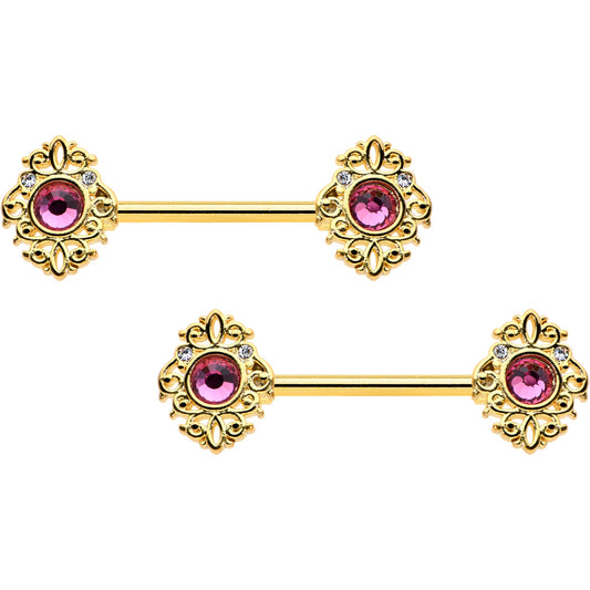 14 Gauge 9/16 Pink Gem Gold Hue Open Lace Love Barbell Nipple Ring Set