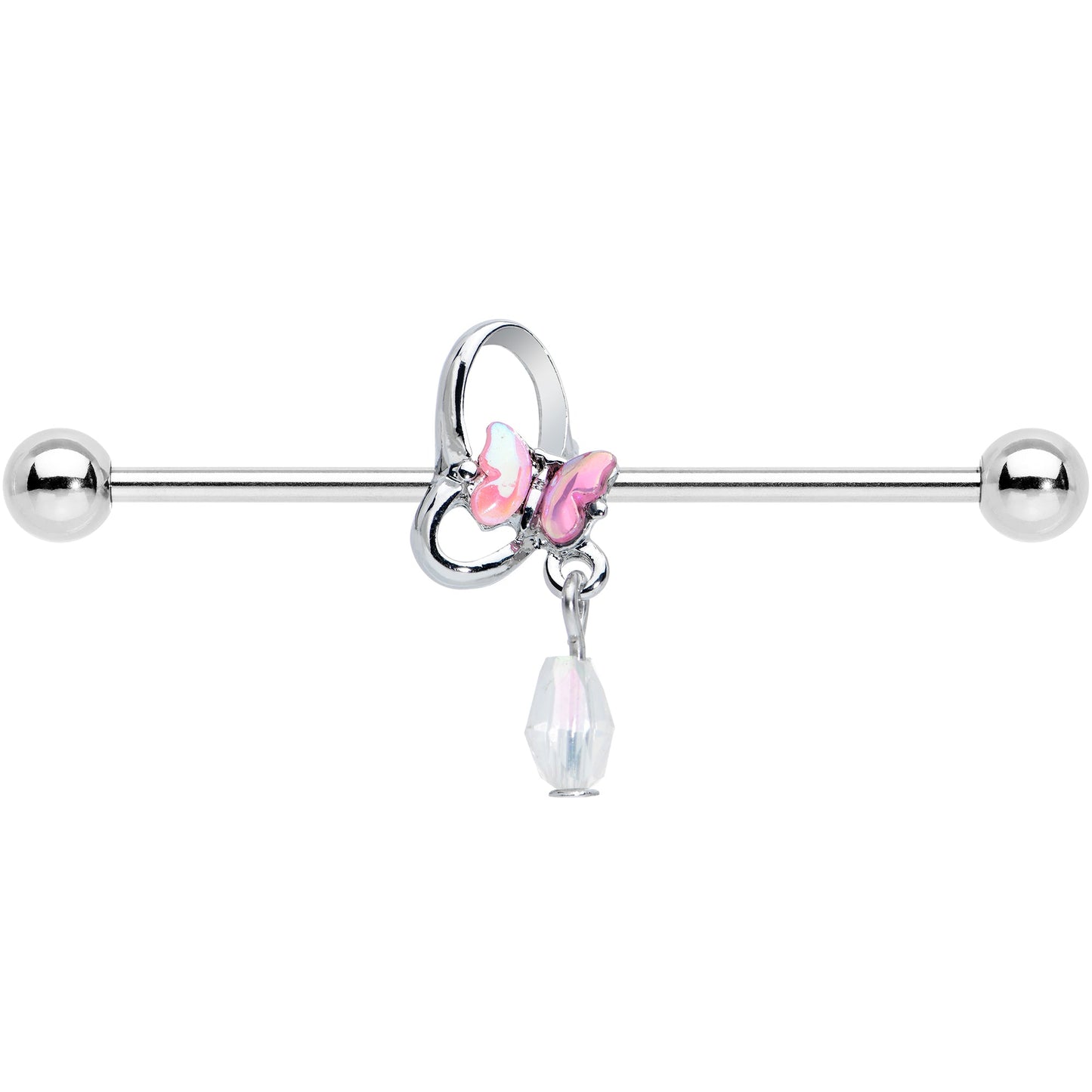 14 Gauge Heart Pink Butterfly Dangle Industrial Barbell 38mm