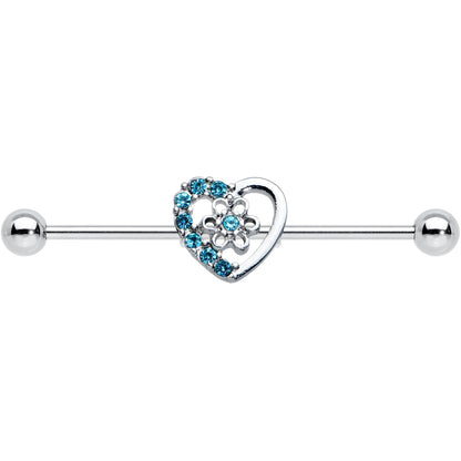 14 Gauge Blue Gem Floral Hollow Heart Industrial Barbell 38mm