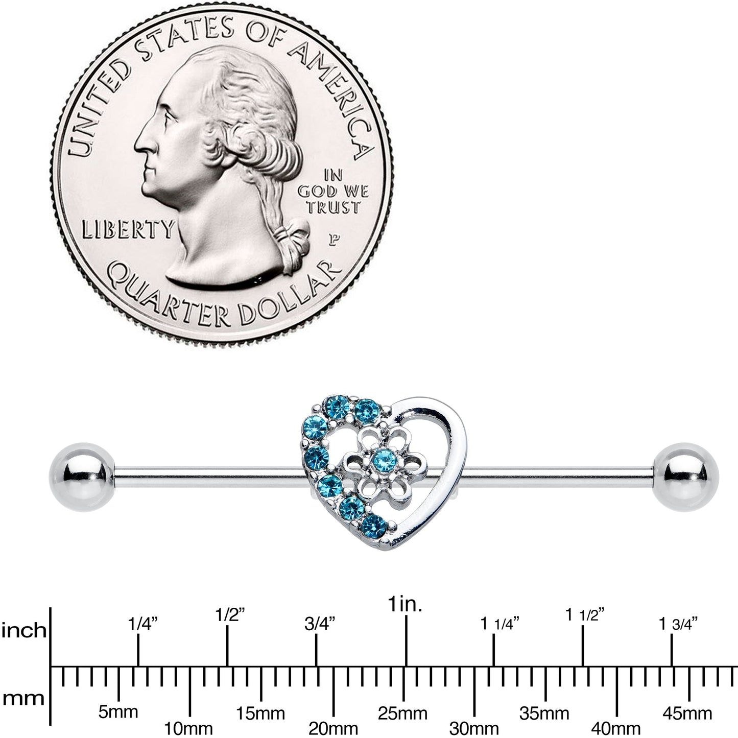 14 Gauge Blue Gem Floral Hollow Heart Industrial Barbell 38mm