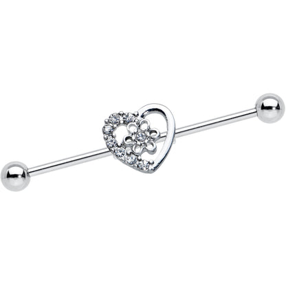 14 Gauge Clear Gem Floral Hollow Heart Industrial Barbell 38mm