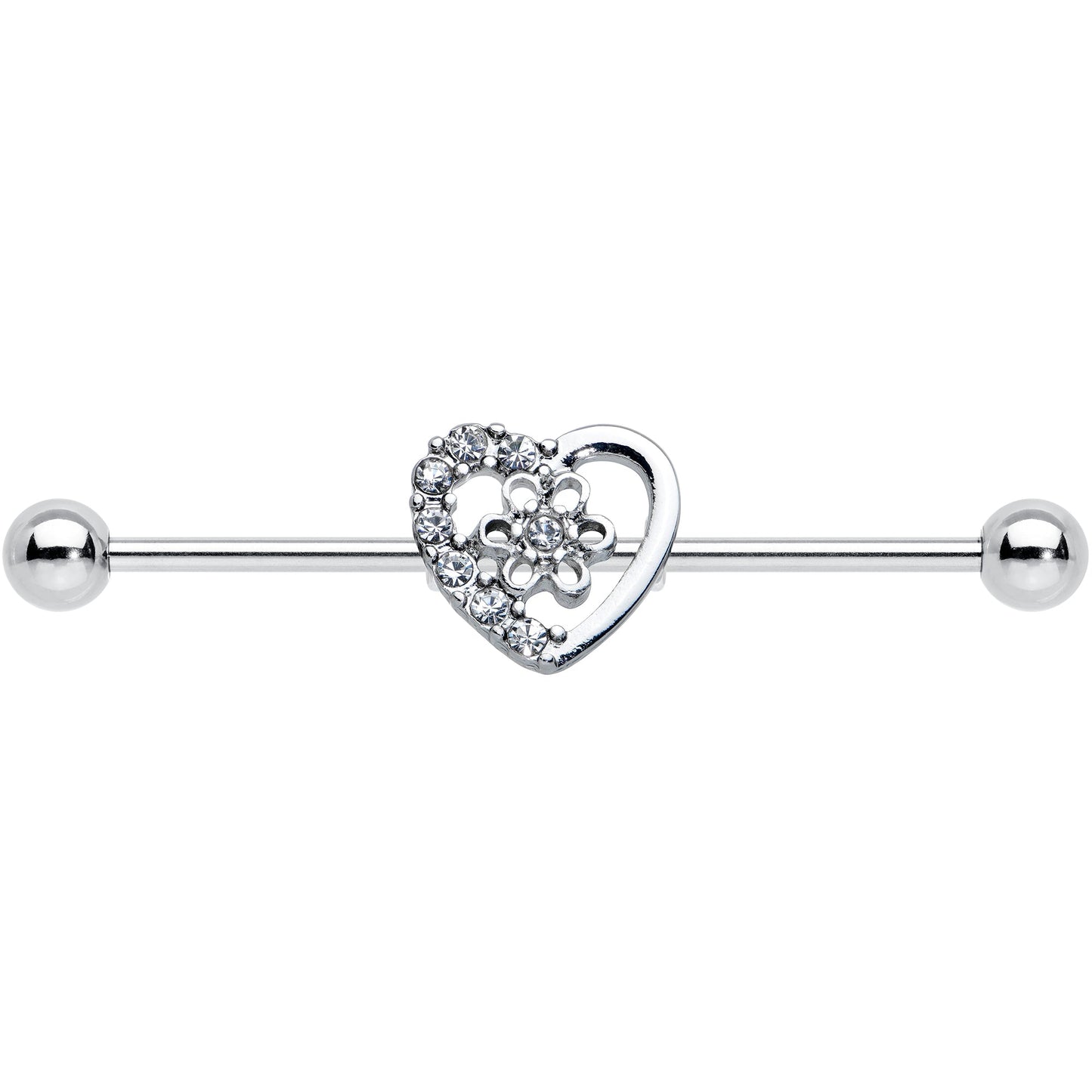 14 Gauge Clear Gem Floral Hollow Heart Industrial Barbell 38mm