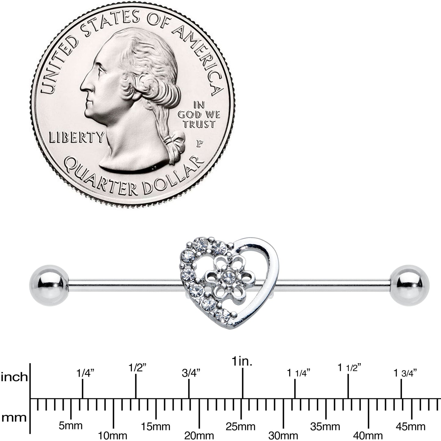 14 Gauge Clear Gem Floral Hollow Heart Industrial Barbell 38mm