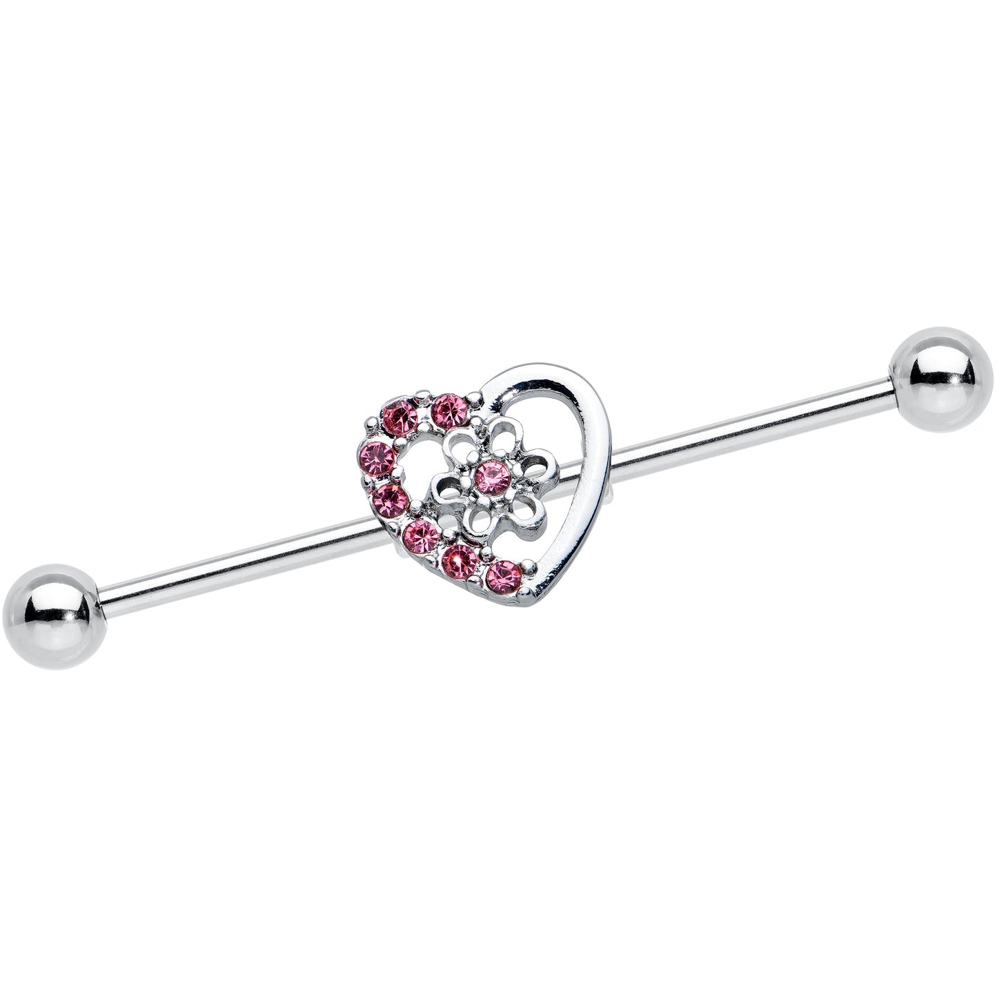 14 Gauge Pink Gem Floral Hollow Heart Industrial Barbell 38mm