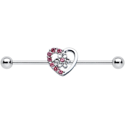 14 Gauge Pink Gem Floral Hollow Heart Industrial Barbell 38mm