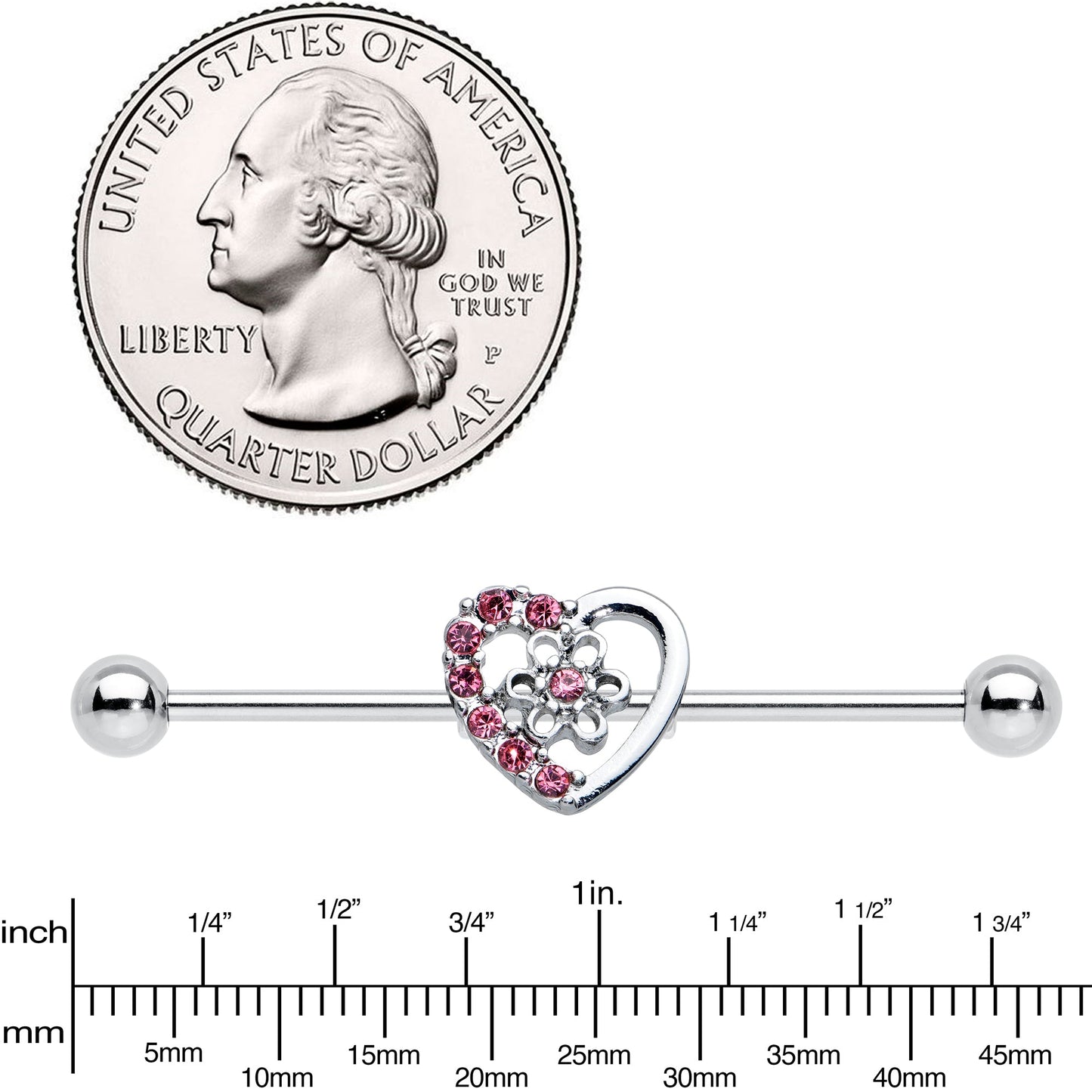 14 Gauge Pink Gem Floral Hollow Heart Industrial Barbell 38mm