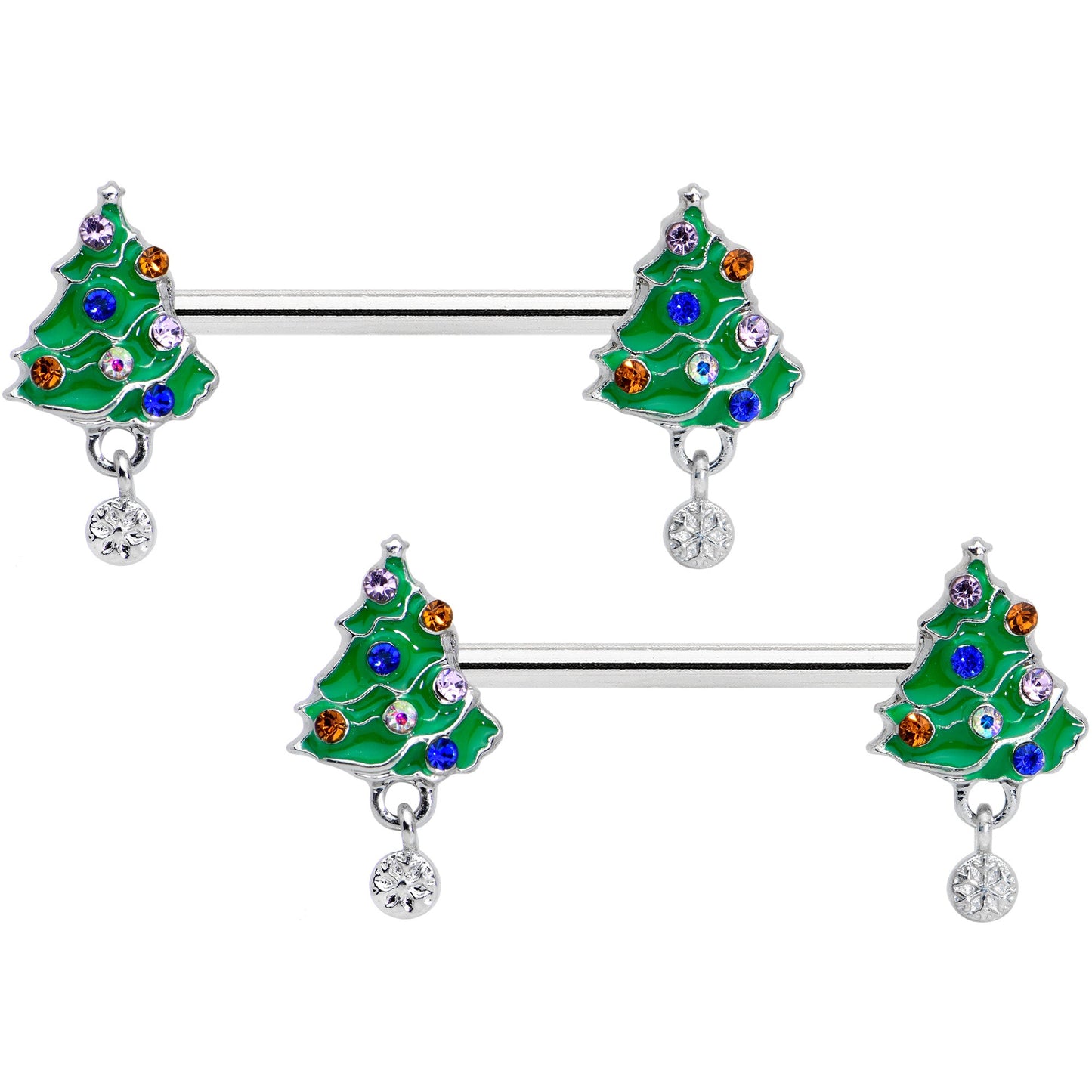 14 Gauge 1/2 Clear Blue Red Gem Christmas Tree Barbell Nipple Ring Set