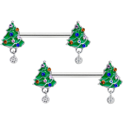 14 Gauge 1/2 Clear Blue Red Gem Christmas Tree Barbell Nipple Ring Set