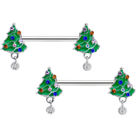 14 Gauge 1/2 Clear Blue Red Gem Christmas Tree Barbell Nipple Ring Set