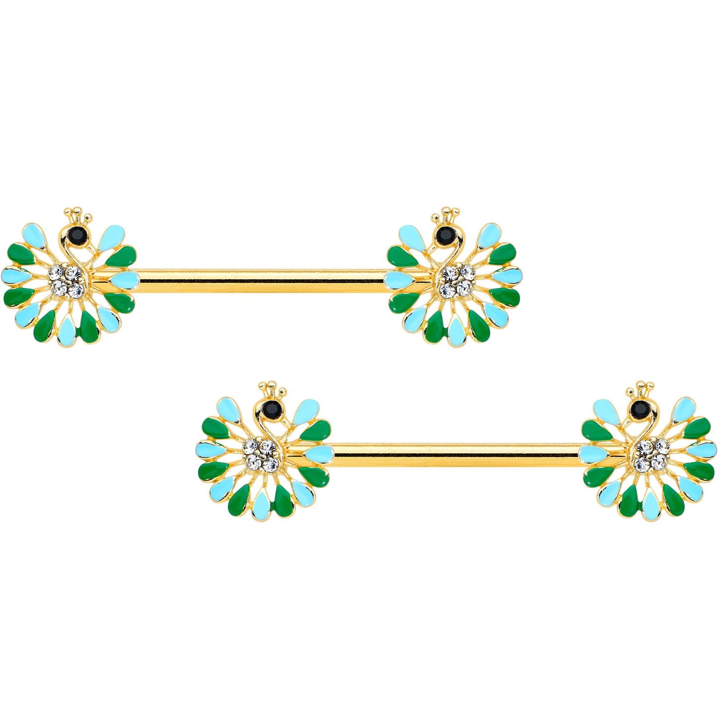 14 Gauge 5/8 Clear Gem Gold Hue Pretty Peacock Barbell Nipple Ring Set