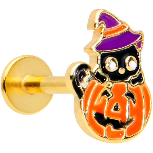 16 Gauge 5/16 Gold Tone Pumpkin Black Cat Halloween Labret Tragus