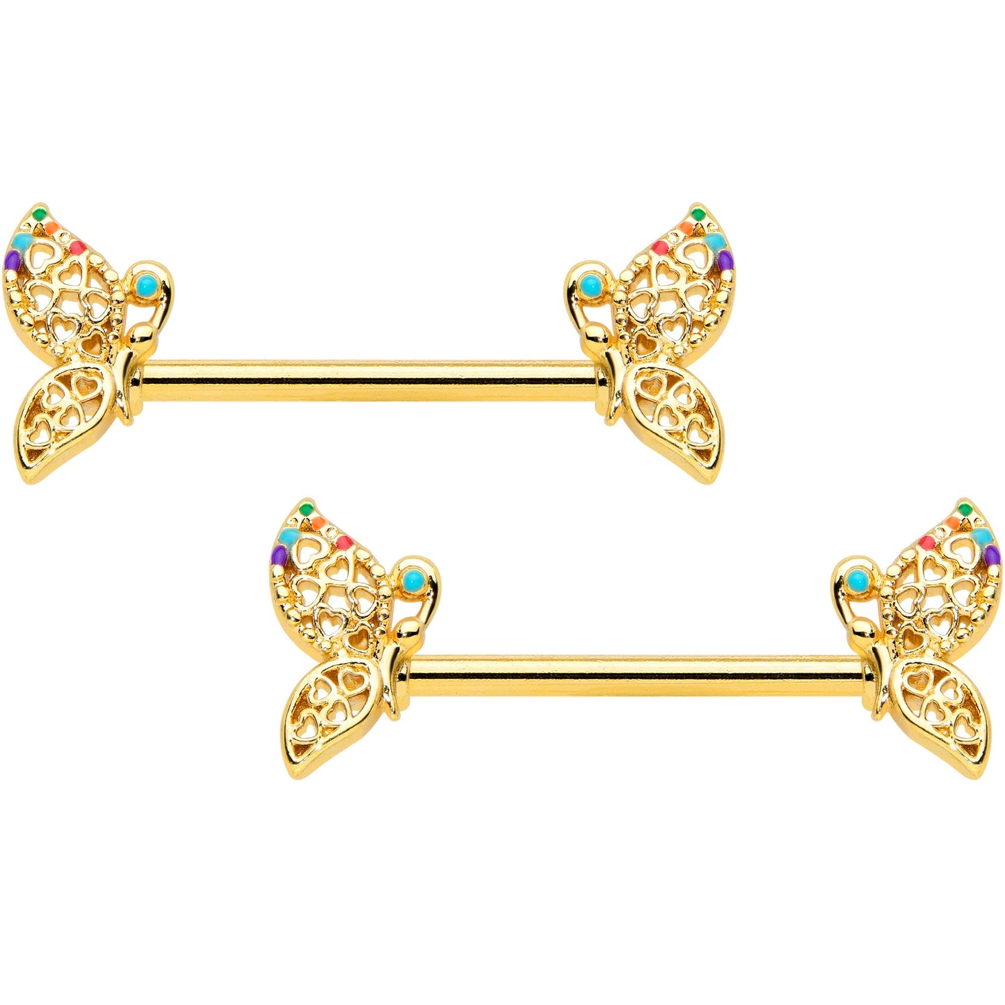 14 Gauge 9/16 Clear CZ Gem Gold Tone Heart Butterfly Nipple Ring Set