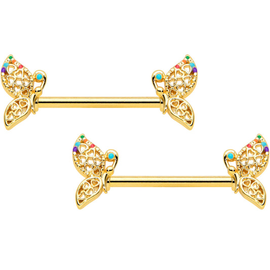 14 Gauge 9/16 Clear CZ Gem Gold Tone Heart Butterfly Nipple Ring Set