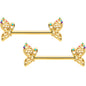 14 Gauge 9/16 Clear CZ Gem Gold Tone Heart Butterfly Nipple Ring Set