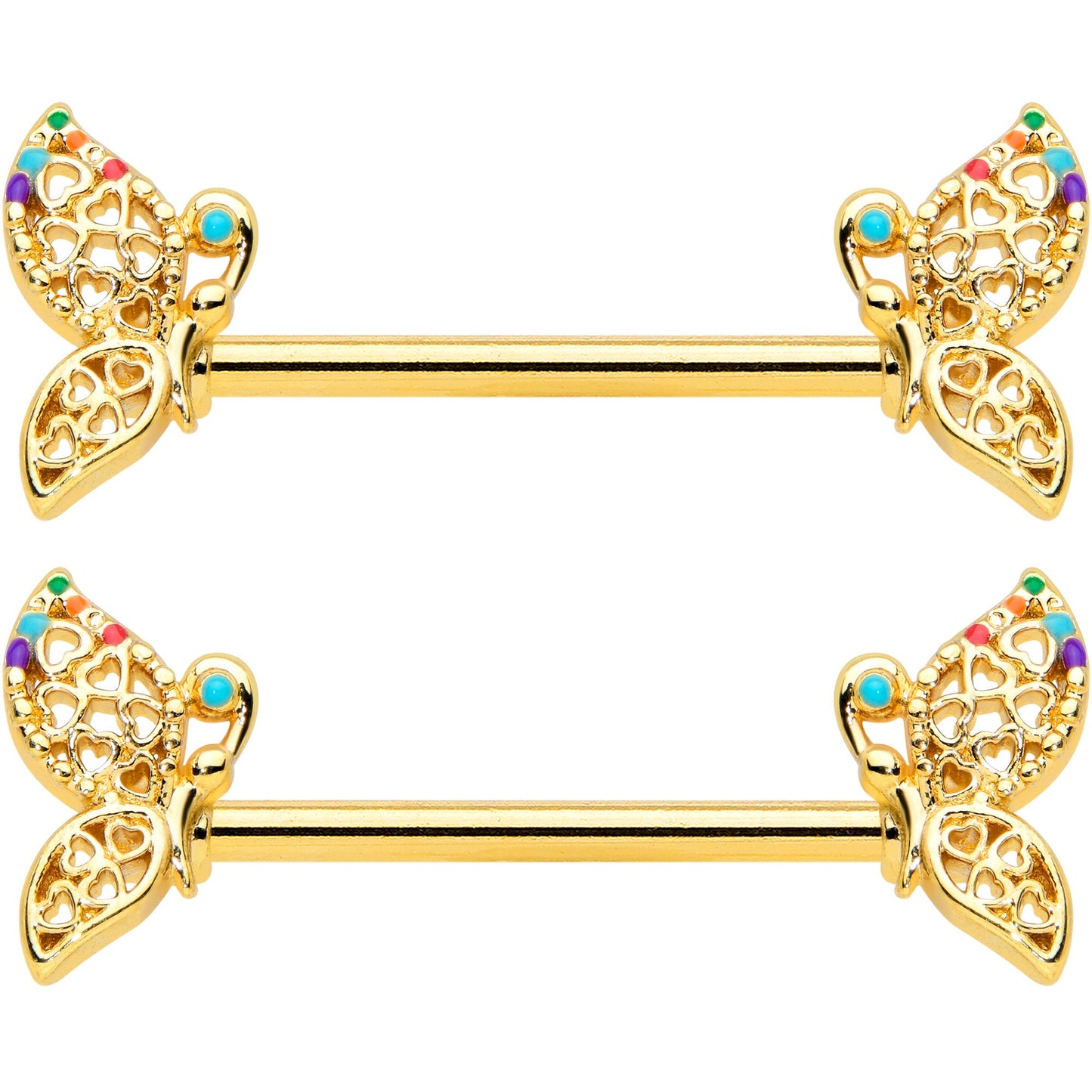 14 Gauge 9/16 Clear CZ Gem Gold Tone Heart Butterfly Nipple Ring Set