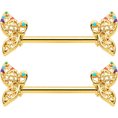 14 Gauge 9/16 Clear CZ Gem Gold Tone Heart Butterfly Nipple Ring Set