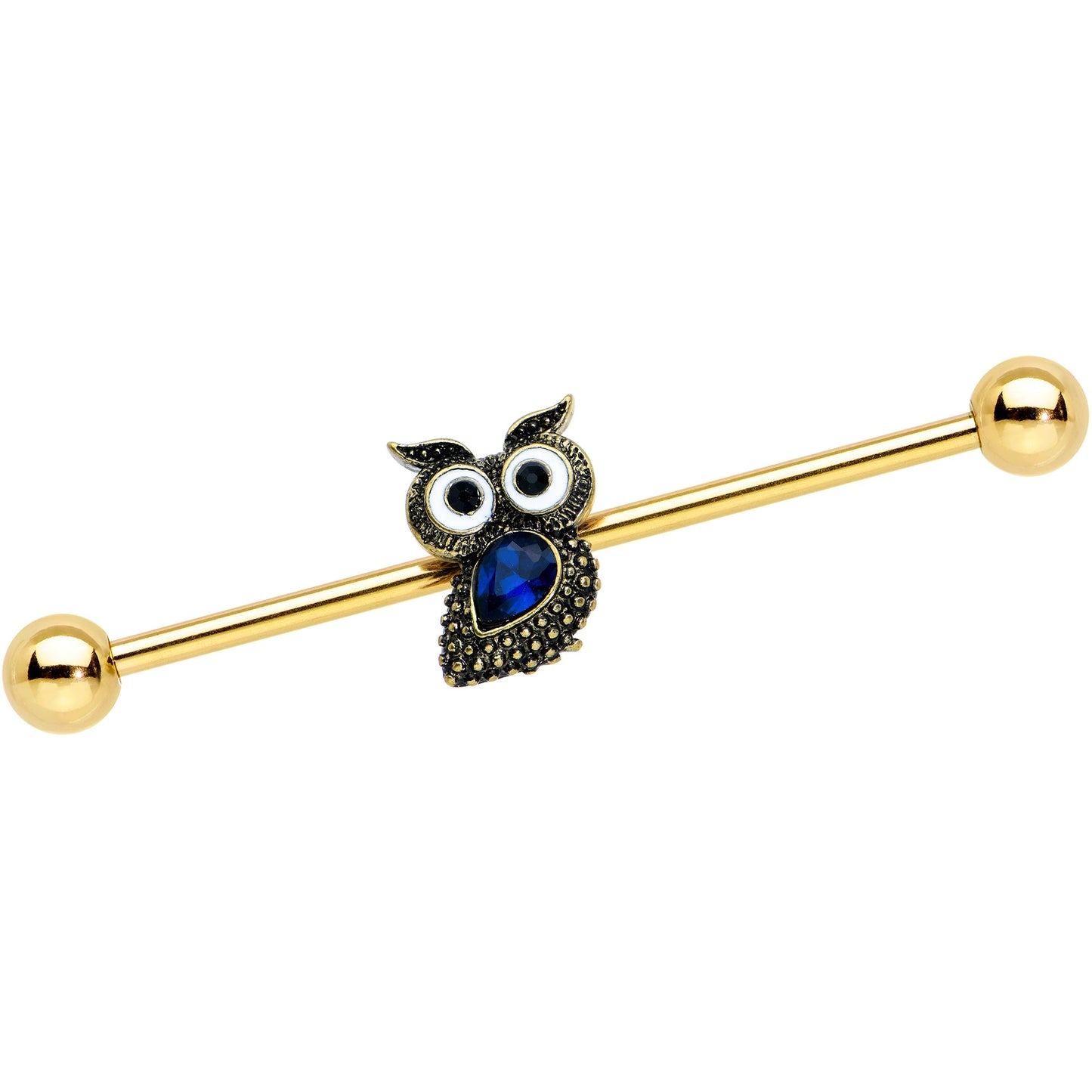 14 Gauge Blue Gem Gold Tone Wide Eyed Owl Industrial Barbell 38mm