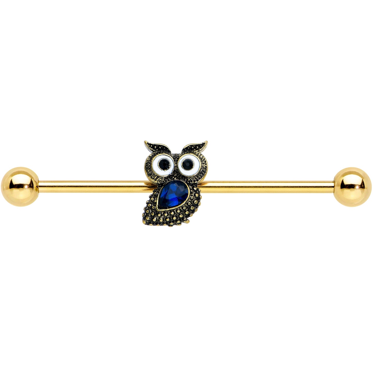 14 Gauge Blue Gem Gold Tone Wide Eyed Owl Industrial Barbell 38mm