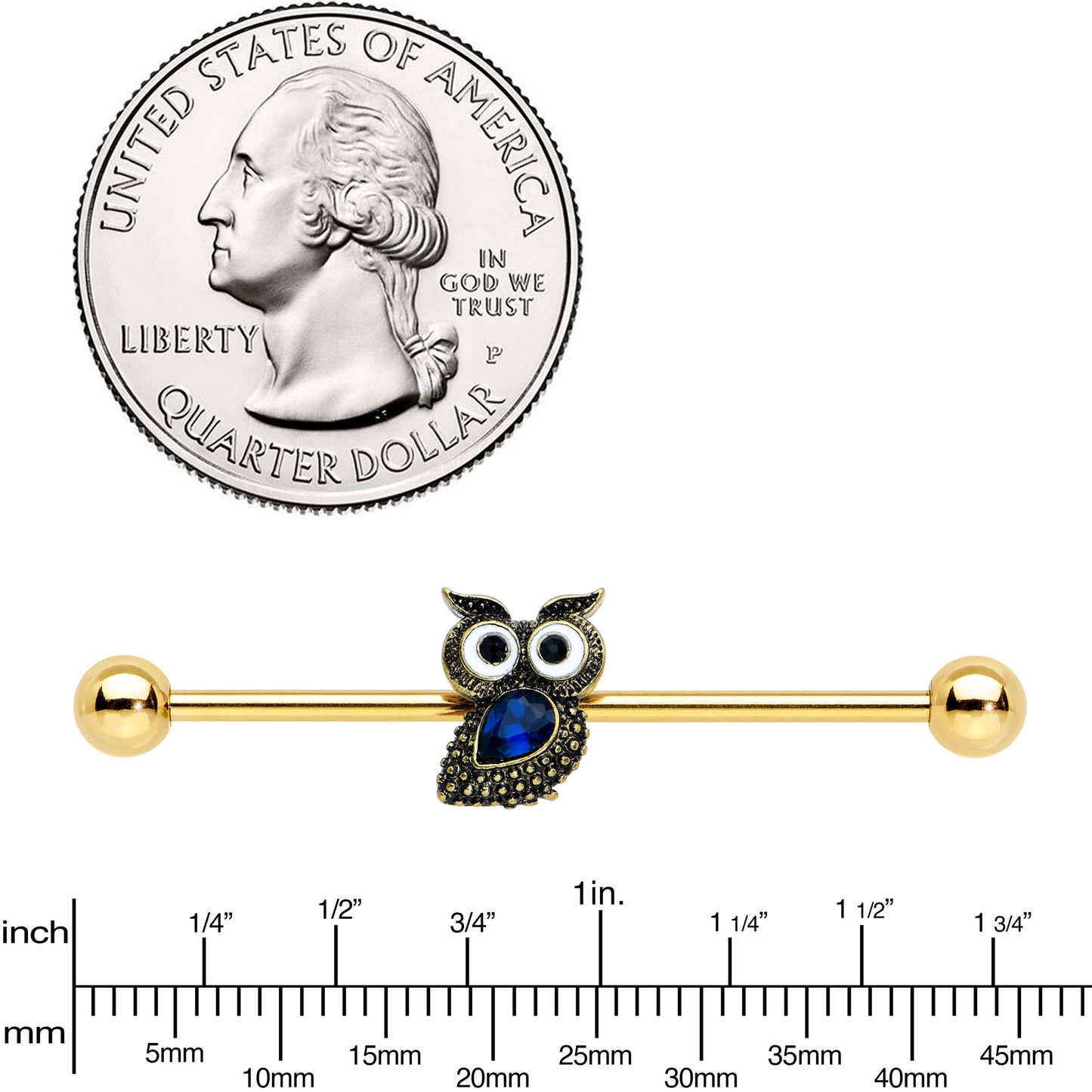 14 Gauge Blue Gem Gold Tone Wide Eyed Owl Industrial Barbell 38mm