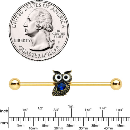 14 Gauge Blue Gem Gold Tone Wide Eyed Owl Industrial Barbell 38mm