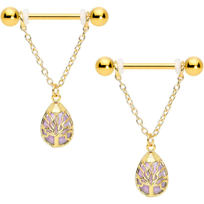 14 Gauge 9/16 Amethyst Gold Tone Drop Tree Chain Dangle Nipple Set