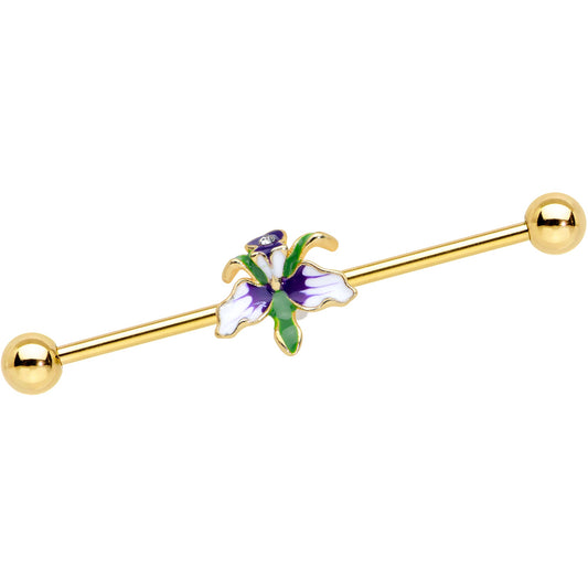 14 Gauge Clear Gem Gold Tone Iris Flower Industrial Barbell 38mm